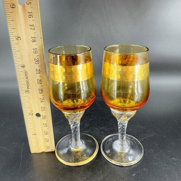Vintage Czech Bohemian Small Goblet Drinking Glasses Set 2 Amber Clear Bottom - Picture 7 of 10